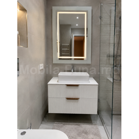 Set mobilier baie suspendat A-19 cu fronturi MDF riflate, lavoar și oglindă LED